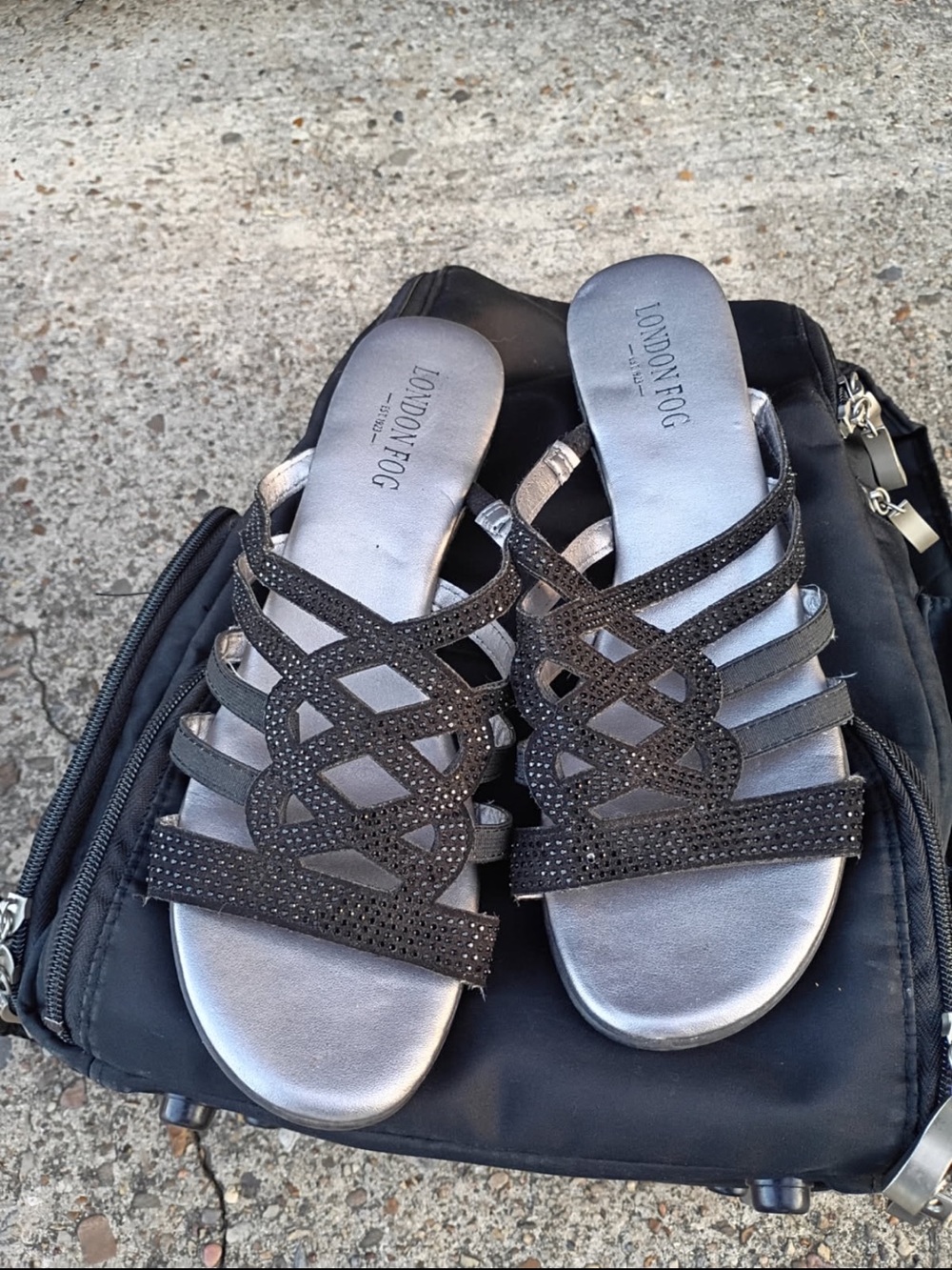 London Fog Black Strappy Glitter Slide Sandals